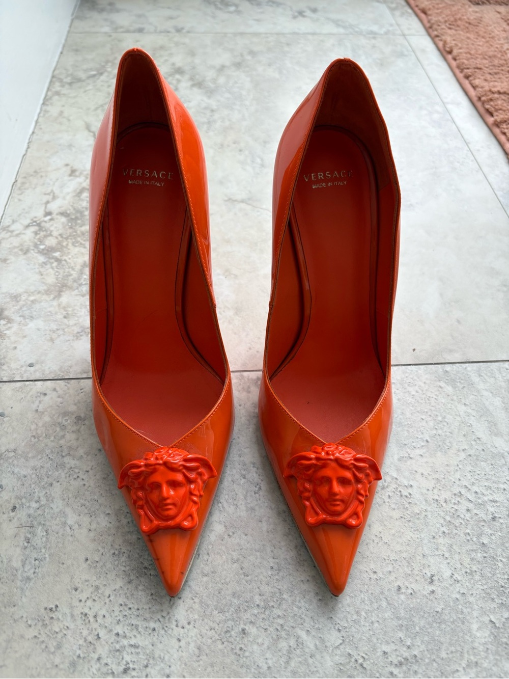 Versace Orange Patent Medusa Pointed-Toe Pumps